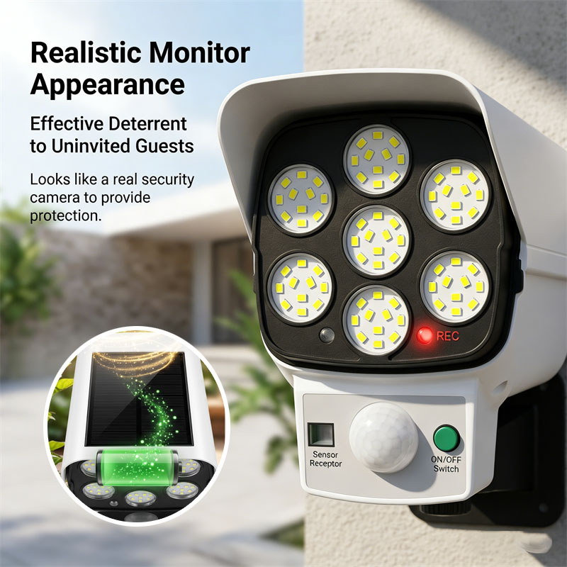 Home Security Lights Outdoors - Solarbetriebene Dummy-Überwachungskamera mit Bewegungssensor LED-Flutlicht Wasserdichte